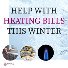 Picture of a gas flame, pound coins and hands near a radiator over an icy background with the text Help With Heating Bills This Winter
