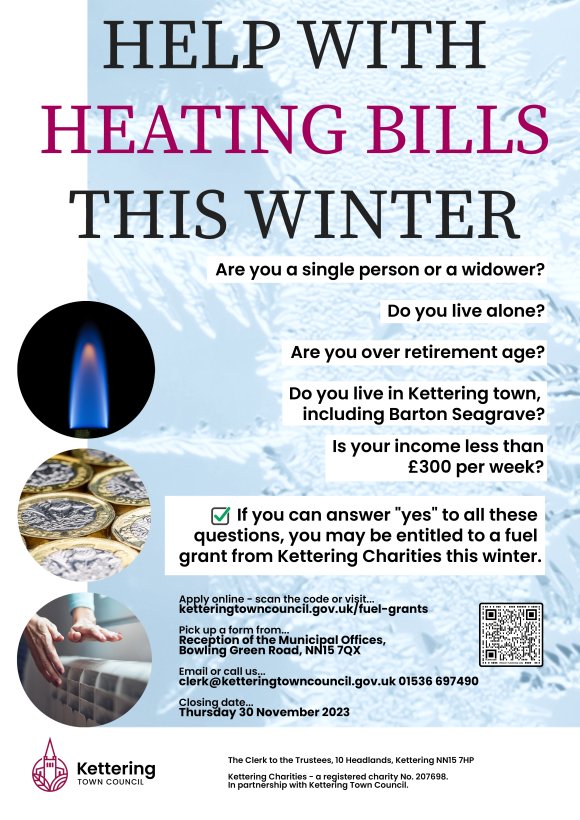 Poster with a blue icy background titled Help with Heating Bills This Winter and details of how to apply for a 2023 fuel grant